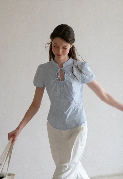 Stand Collar Puff Sleeve Button Front Shirt