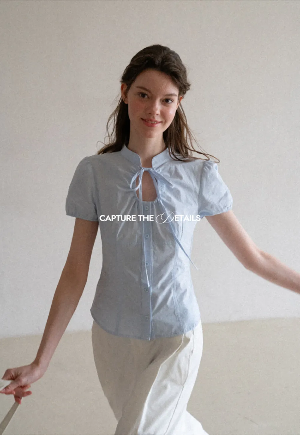 Stand Collar Puff Sleeve Button Front Shirt