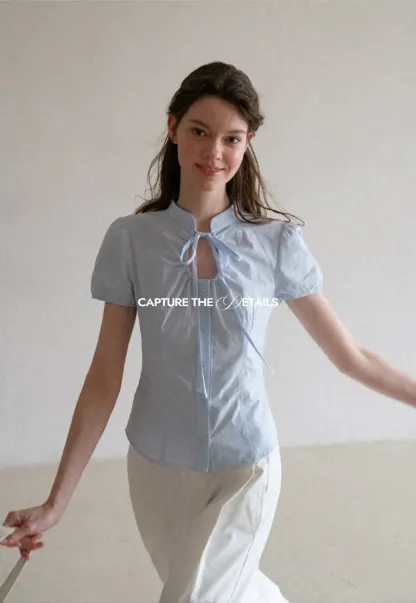 Stand Collar Puff Sleeve Button Front Shirt