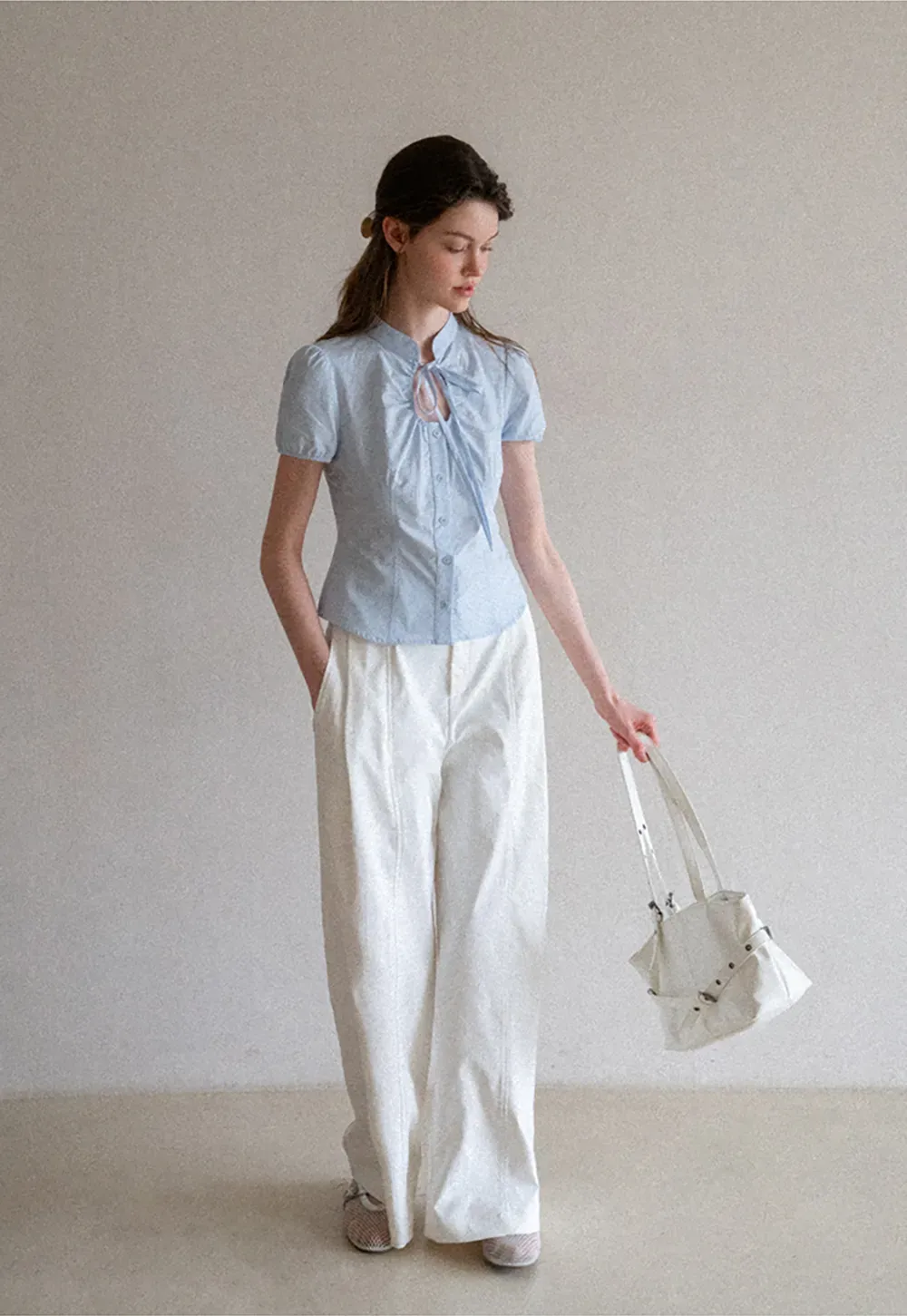 Stand Collar Puff Sleeve Button Front Shirt