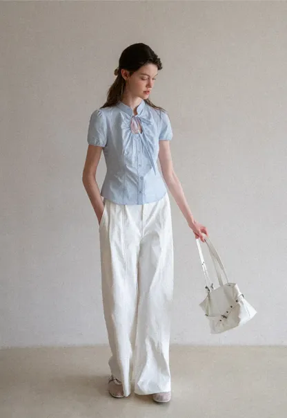 Stand Collar Puff Sleeve Button Front Shirt