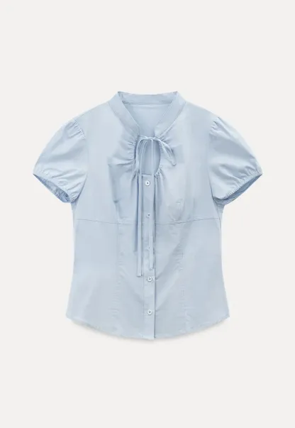 Stand Collar Puff Sleeve Button Front Shirt