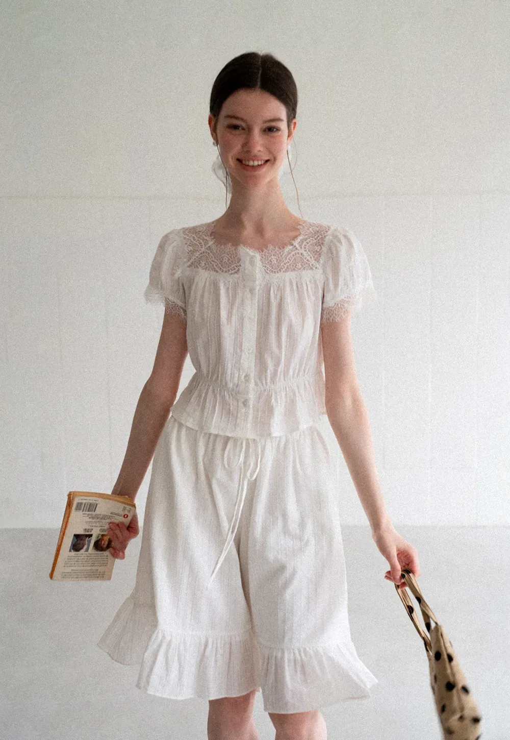 Lace Trim Puff Sleeve Top With Drawstring Waist Shorts Set