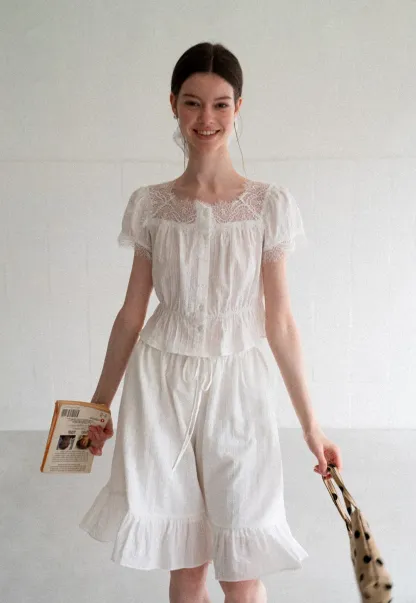 Lace Trim Puff Sleeve Top With Drawstring Waist Shorts Set