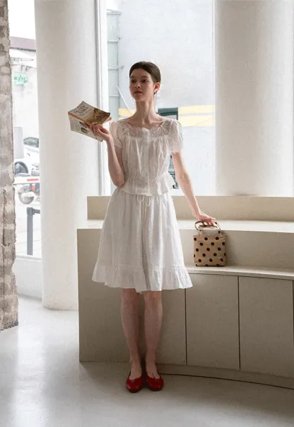 Lace Trim Puff Sleeve Top With Drawstring Waist Shorts Set