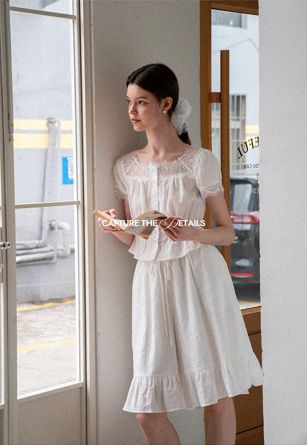 Lace Trim Puff Sleeve Top With Drawstring Waist Shorts Set