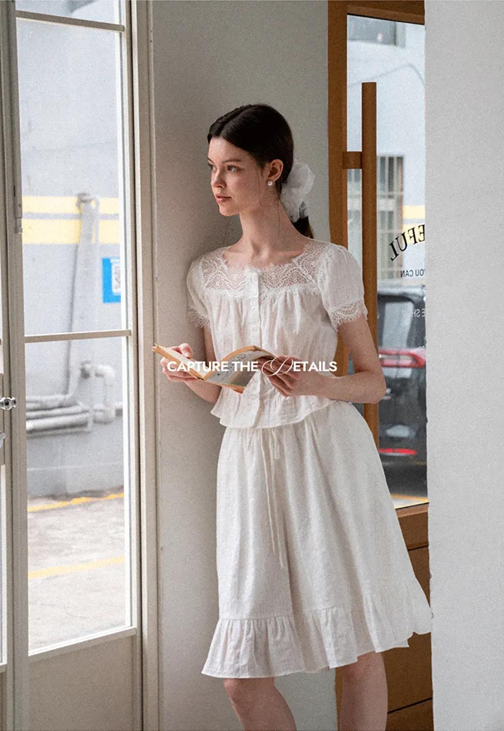 Lace Trim Puff Sleeve Top With Drawstring Waist Shorts Set