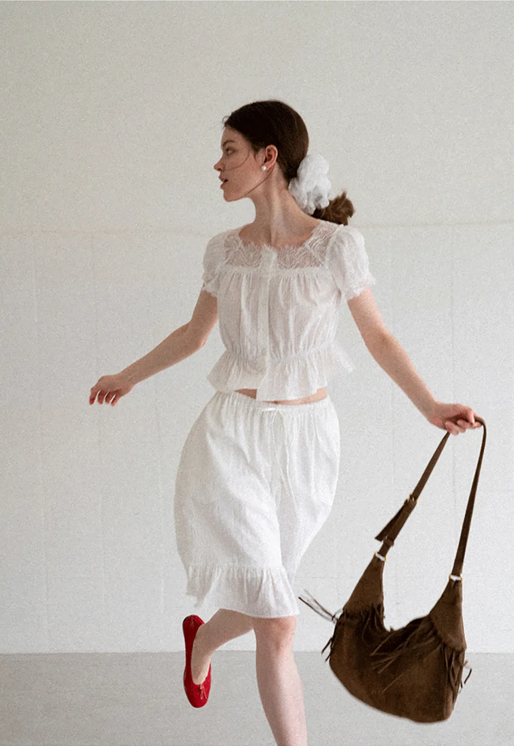 Lace Trim Puff Sleeve Top With Drawstring Waist Shorts Set