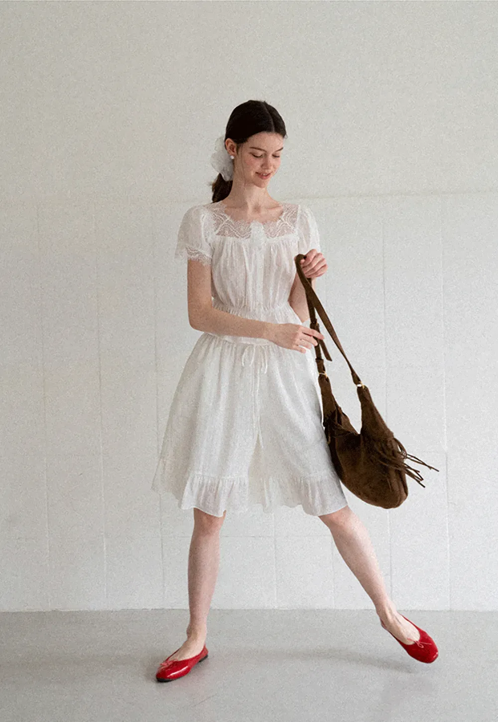 Lace Trim Puff Sleeve Top With Drawstring Waist Shorts Set
