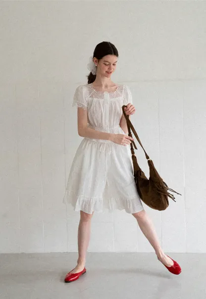Lace Trim Puff Sleeve Top With Drawstring Waist Shorts Set