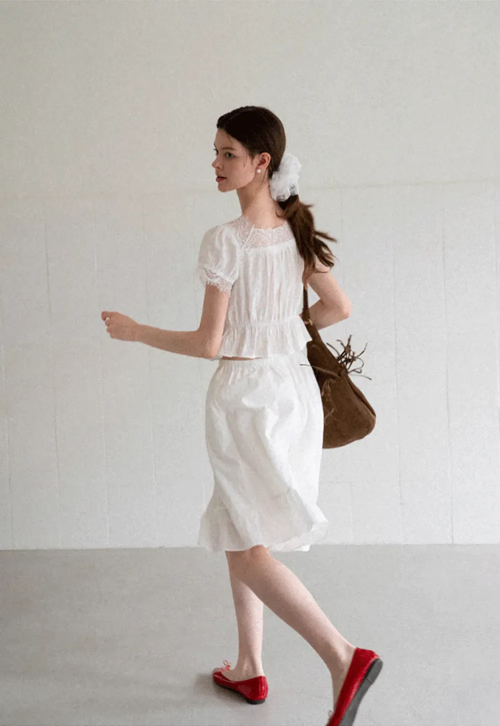 Lace Trim Puff Sleeve Top With Drawstring Waist Shorts Set