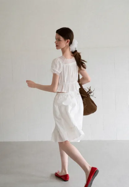 Lace Trim Puff Sleeve Top With Drawstring Waist Shorts Set