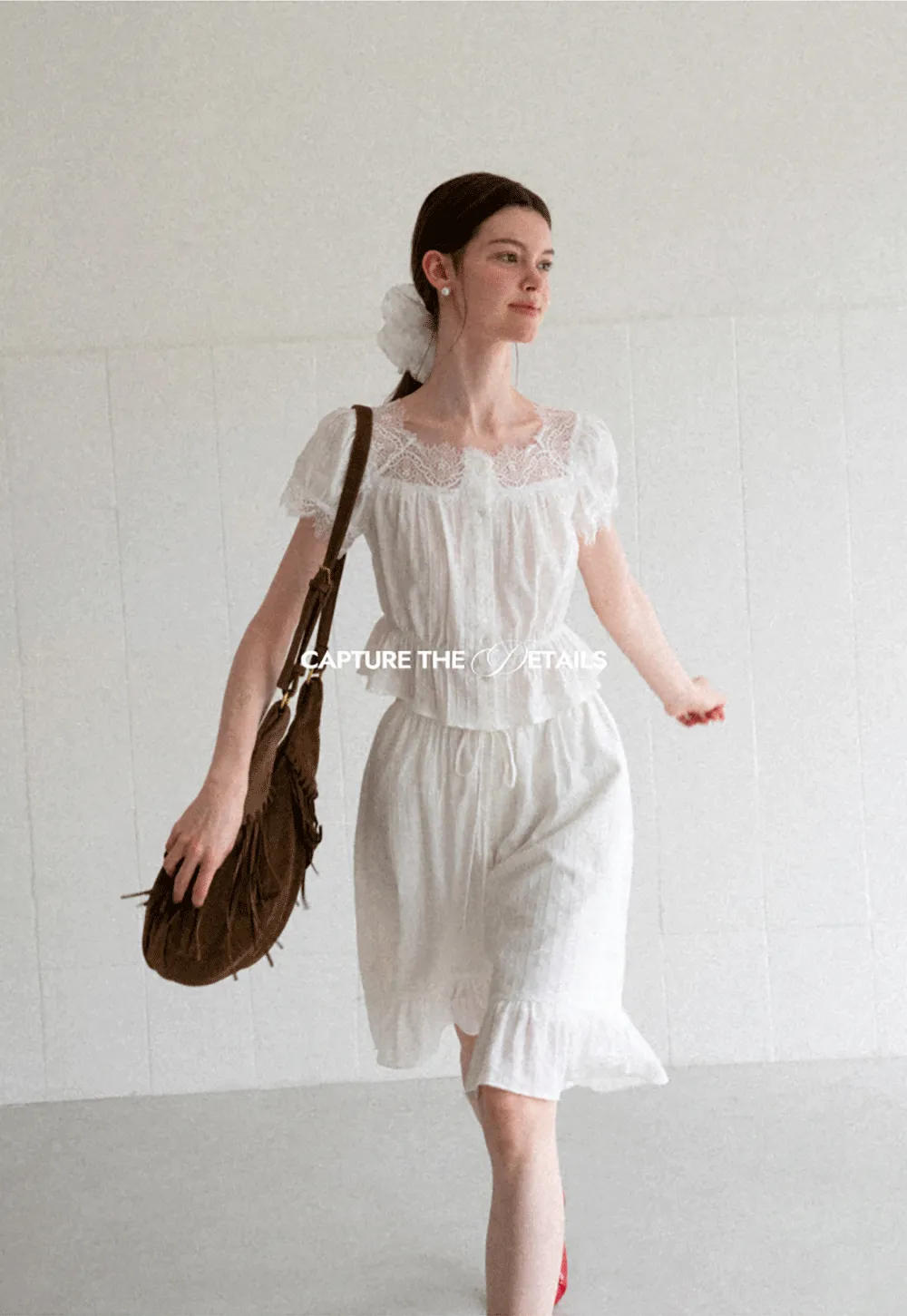 Lace Trim Puff Sleeve Top With Drawstring Waist Shorts Set