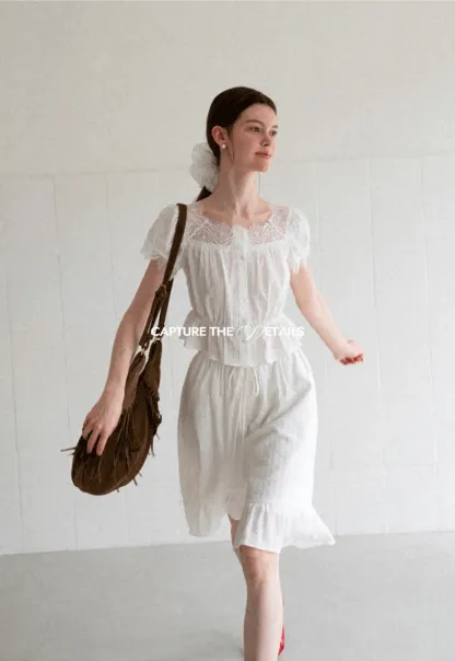 Lace Trim Puff Sleeve Top With Drawstring Waist Shorts Set