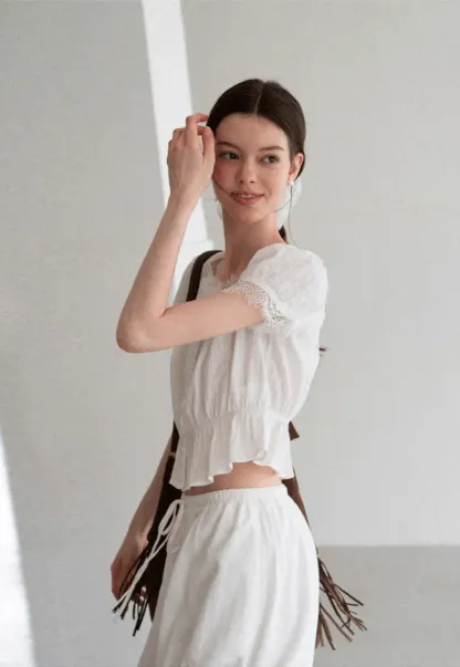 Lace Trim Puff Sleeve Top With Drawstring Waist Shorts Set