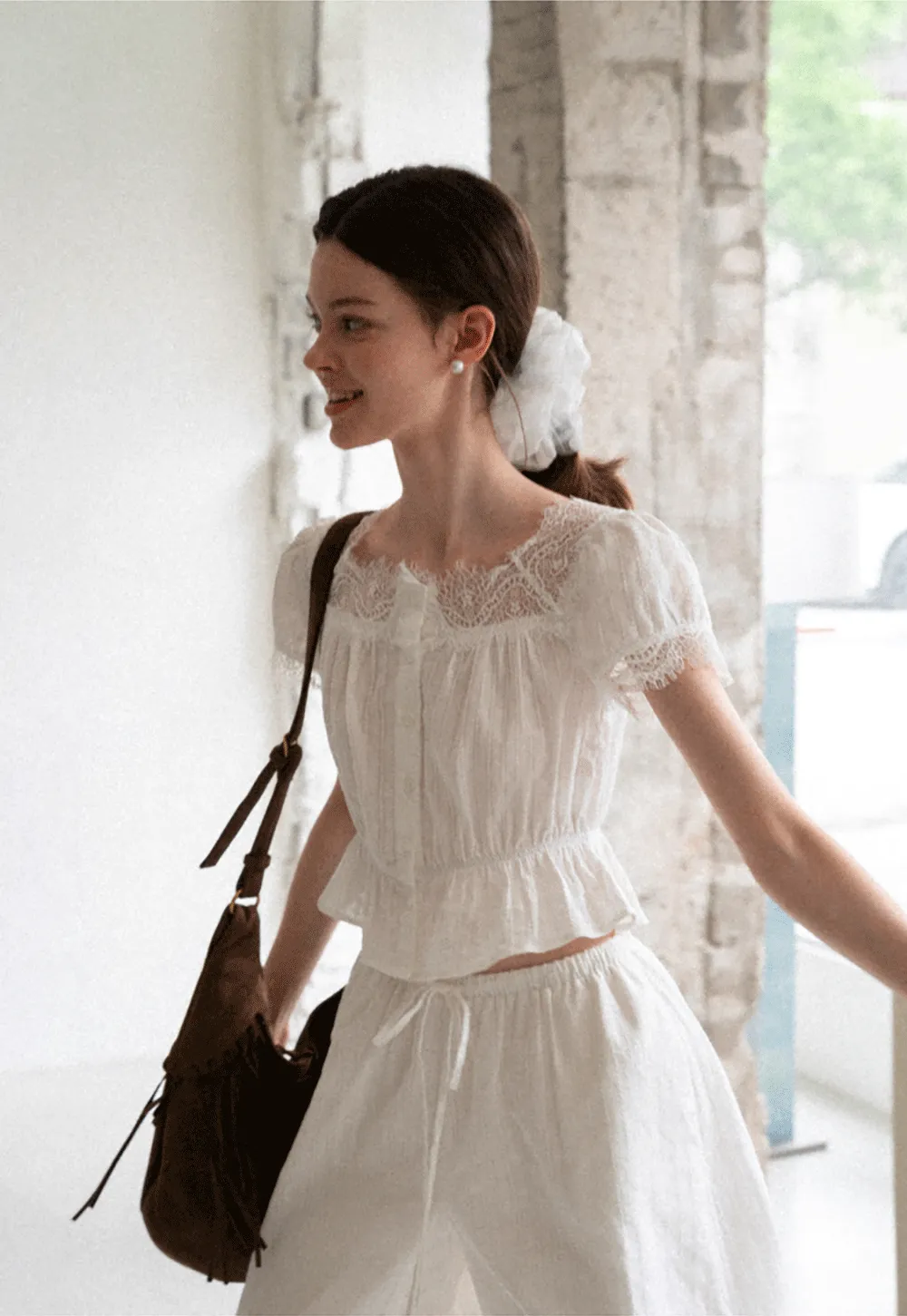 Lace Trim Puff Sleeve Top With Drawstring Waist Shorts Set