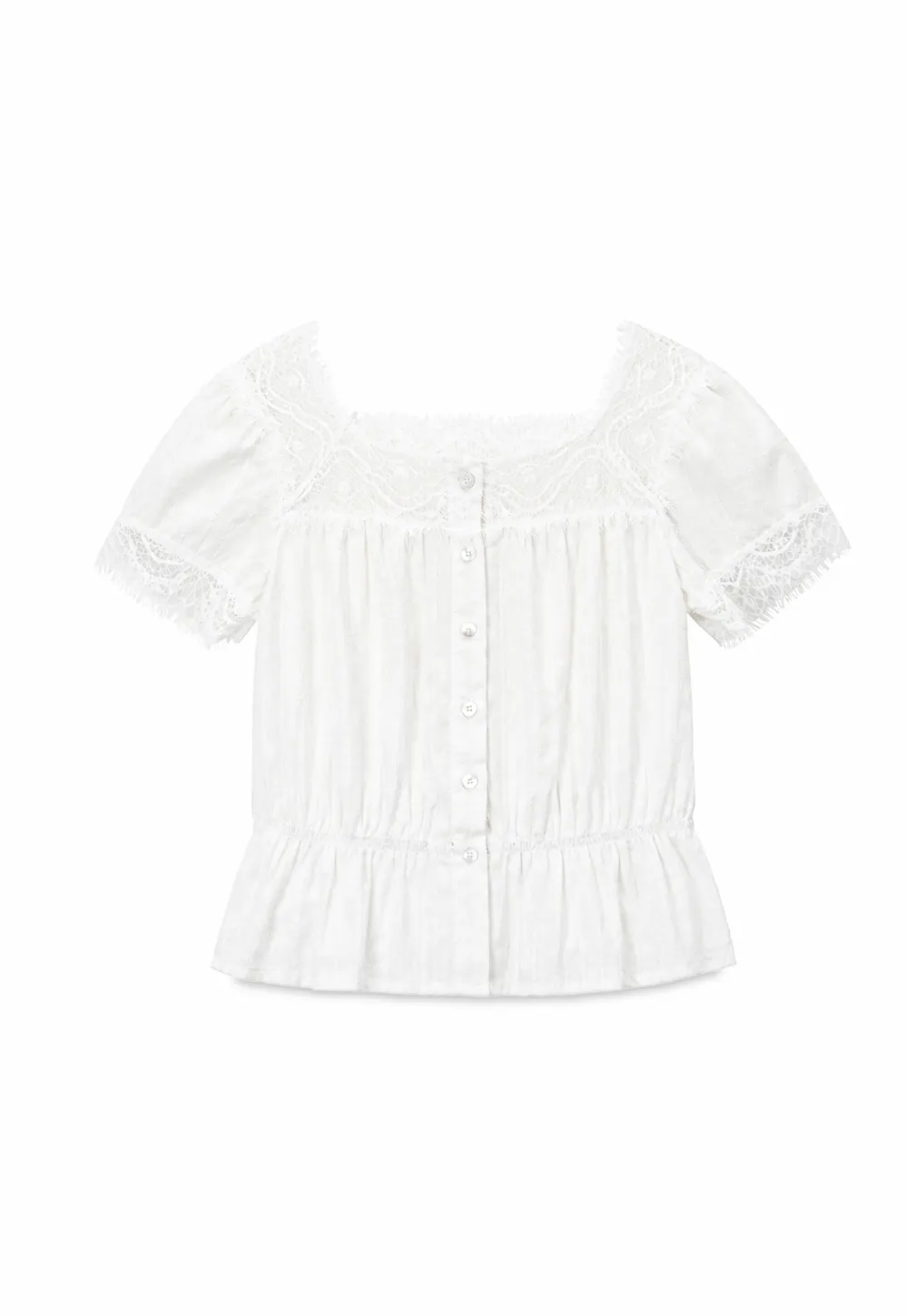 Lace Trim Puff Sleeve Top With Drawstring Waist Shorts Set