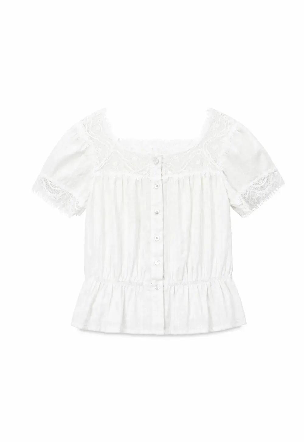 Lace Trim Puff Sleeve Top With Drawstring Waist Shorts Set