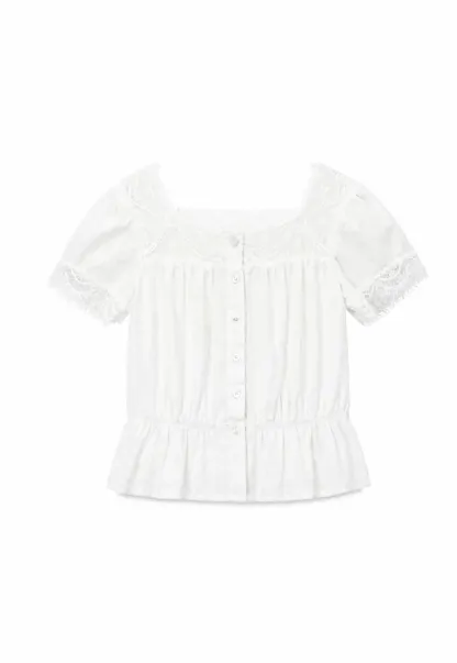 Lace Trim Puff Sleeve Top With Drawstring Waist Shorts Set