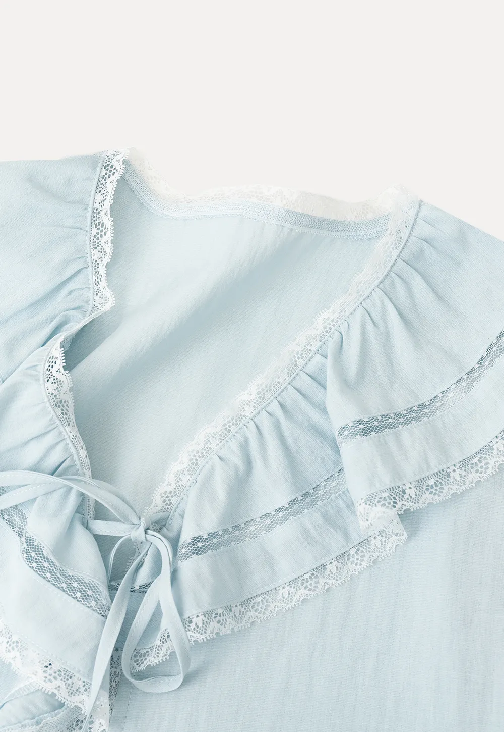 Ruffled V Neck Lace Trim Short Sleeve Shirt