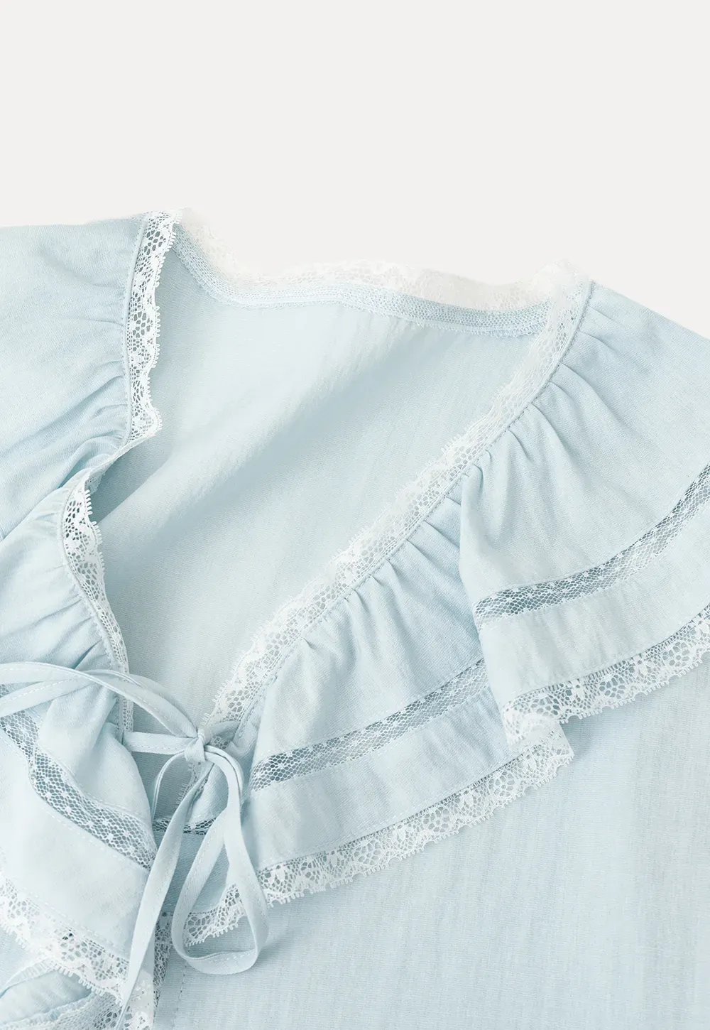 Ruffled V Neck Lace Trim Short Sleeve Shirt