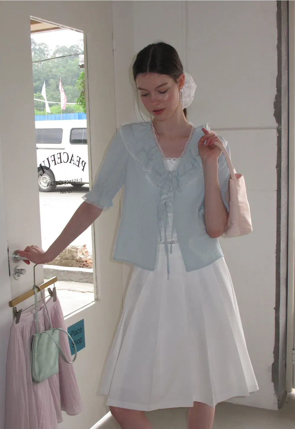 Ruffled V Neck Lace Trim Short Sleeve Shirt
