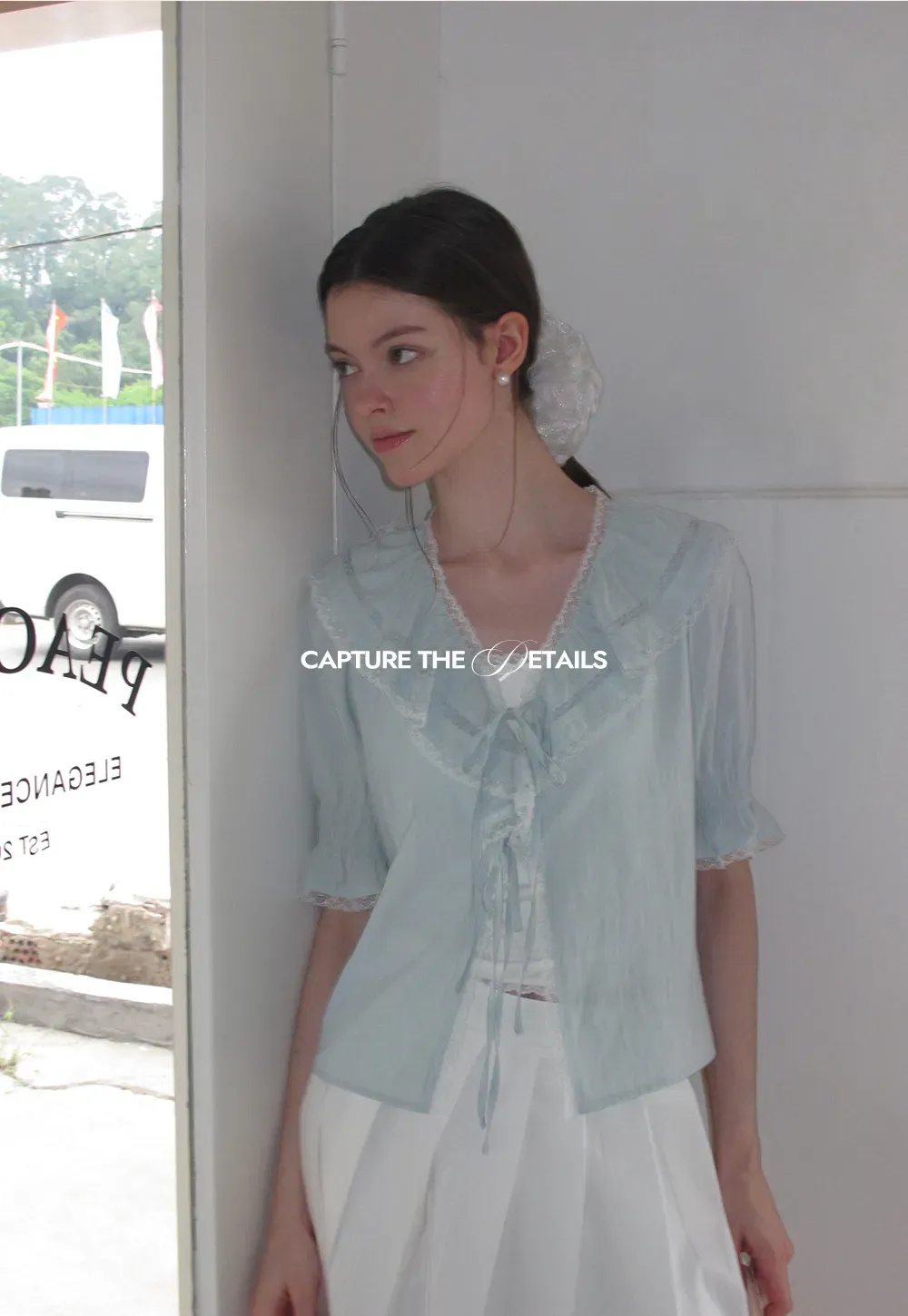 Ruffled V Neck Lace Trim Short Sleeve Shirt