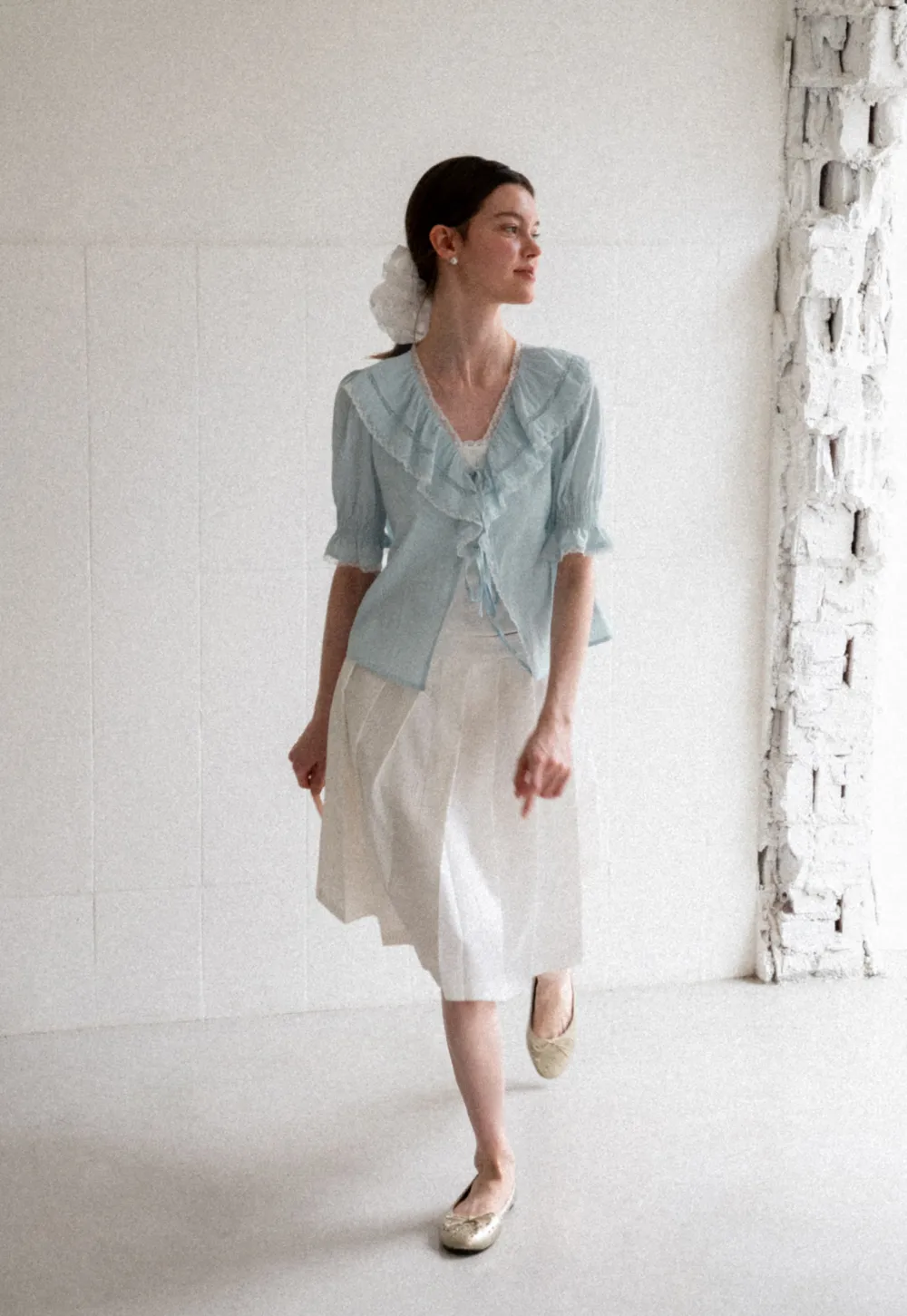Ruffled V Neck Lace Trim Short Sleeve Shirt