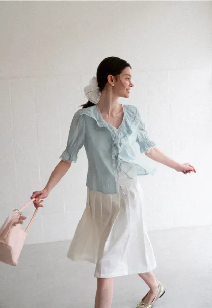 Ruffled V Neck Lace Trim Short Sleeve Shirt