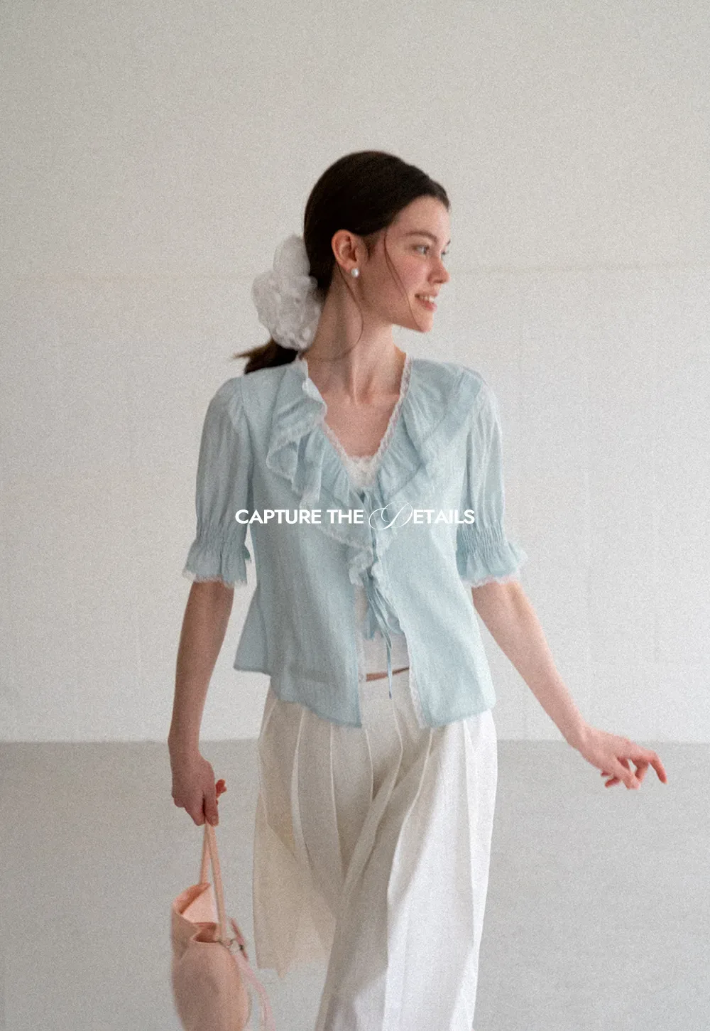 Ruffled V Neck Lace Trim Short Sleeve Shirt