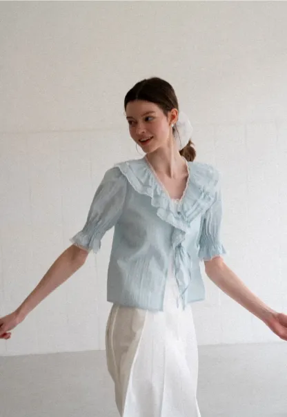 Ruffled V Neck Lace Trim Short Sleeve Shirt