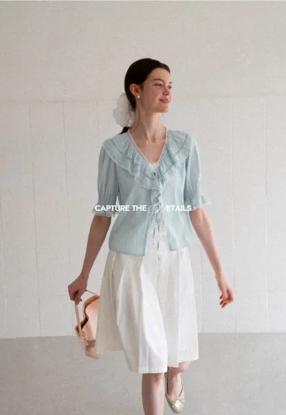Ruffled V Neck Lace Trim Short Sleeve Shirt