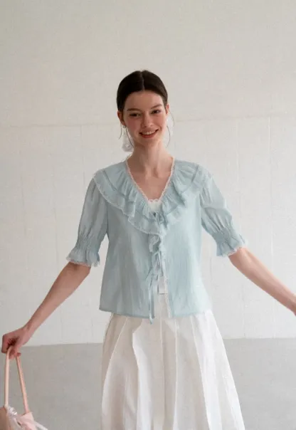 Ruffled V Neck Lace Trim Short Sleeve Shirt