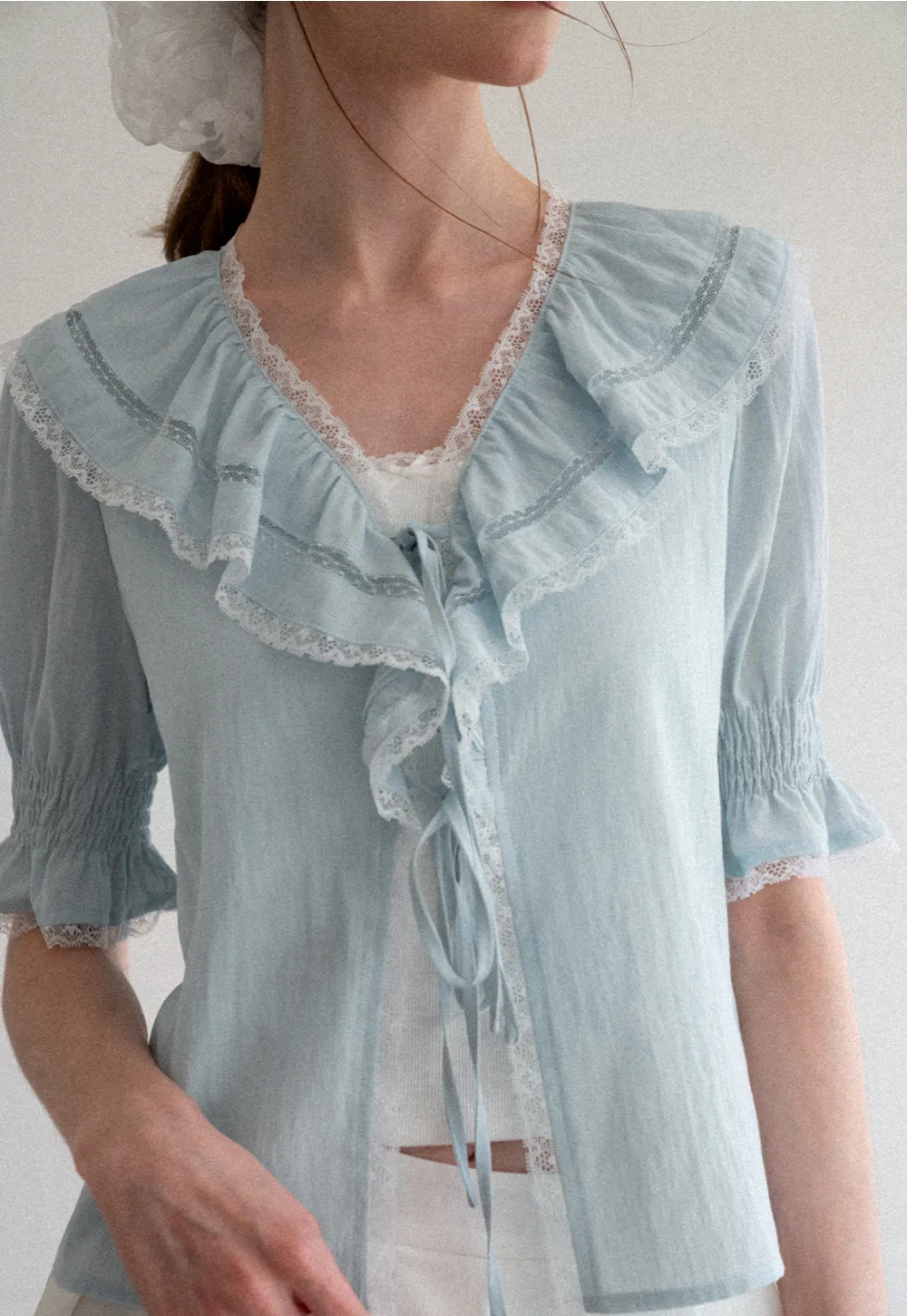 Ruffled V Neck Lace Trim Short Sleeve Shirt
