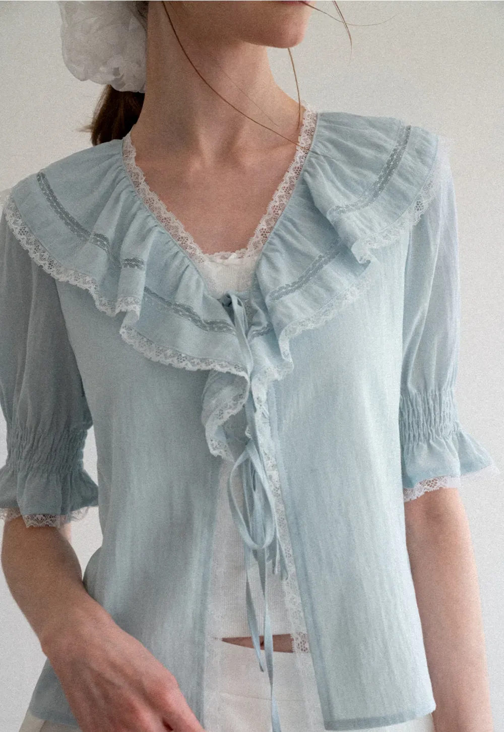 Ruffled V Neck Lace Trim Short Sleeve Shirt