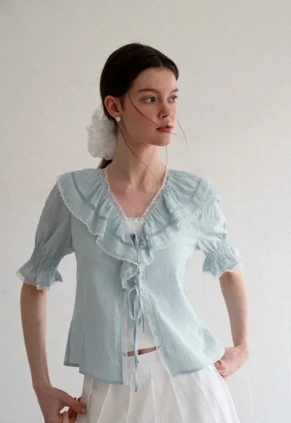 Ruffled V Neck Lace Trim Short Sleeve Shirt