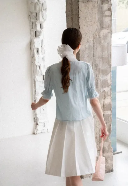 Ruffled V Neck Lace Trim Short Sleeve Shirt