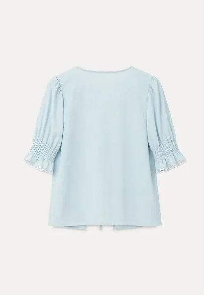 Ruffled V Neck Lace Trim Short Sleeve Shirt