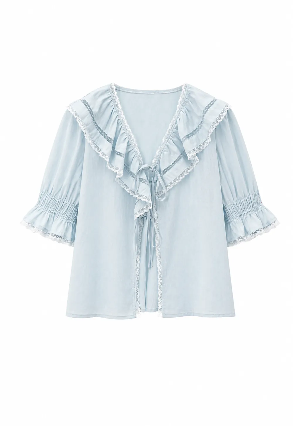 Ruffled V Neck Lace Trim Short Sleeve Shirt