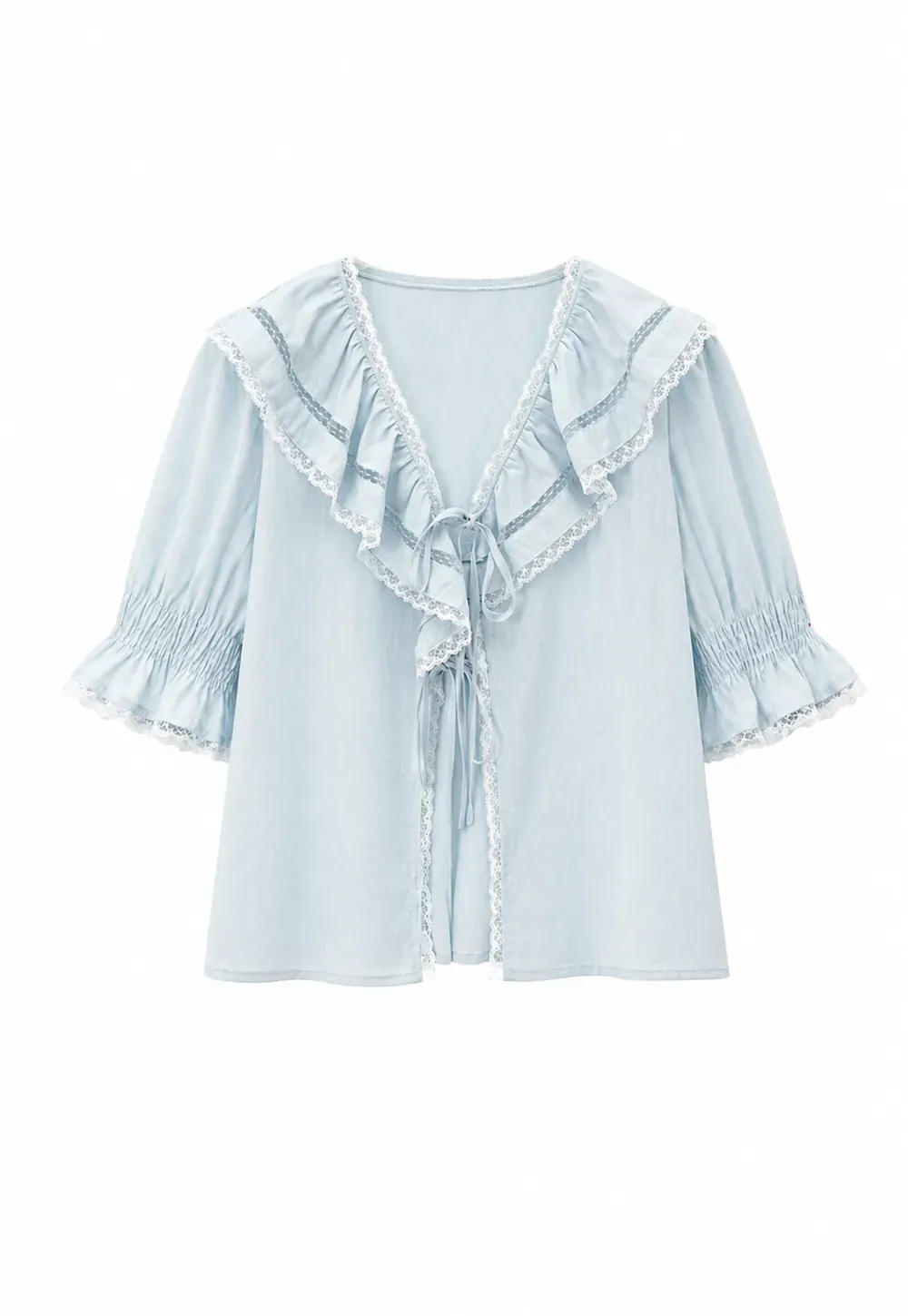 Ruffled V Neck Lace Trim Short Sleeve Shirt