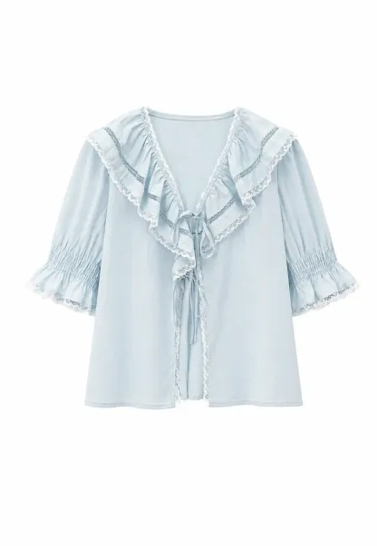 Ruffled V Neck Lace Trim Short Sleeve Shirt