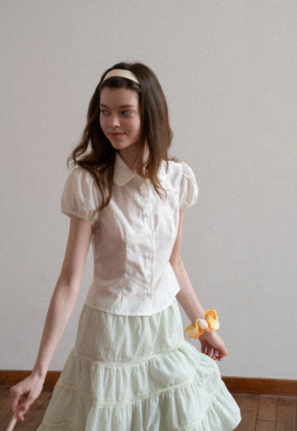 Short Sleeve Button Up Shirt with Collar and Puffed Sleeves