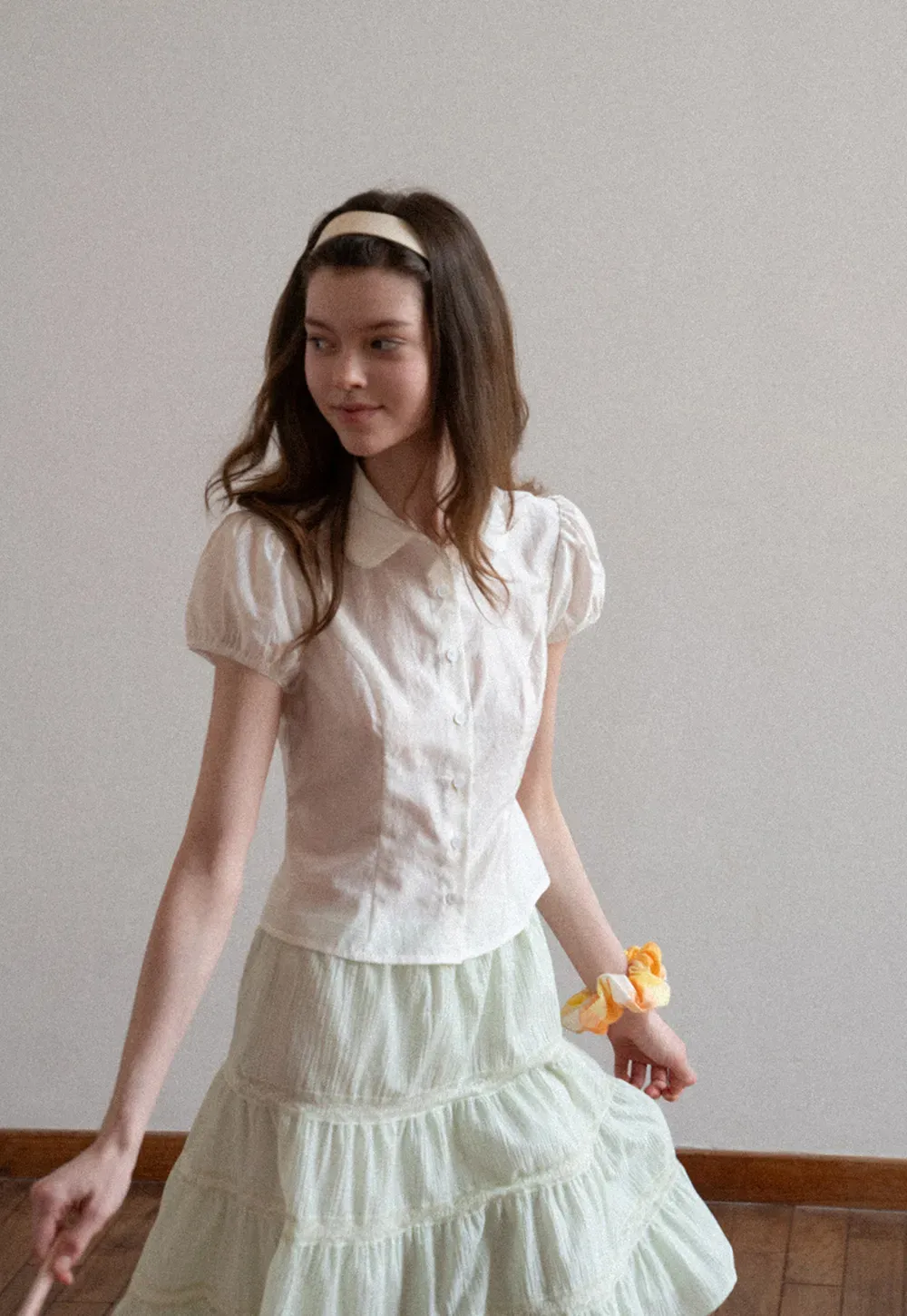 Short Sleeve Button Up Shirt with Collar and Puffed Sleeves