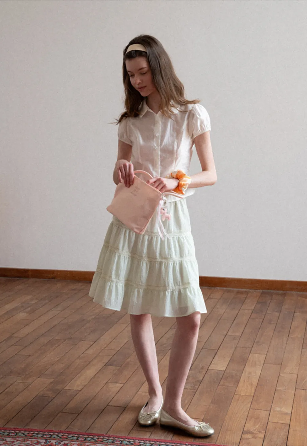 Short Sleeve Button Up Shirt with Collar and Puffed Sleeves