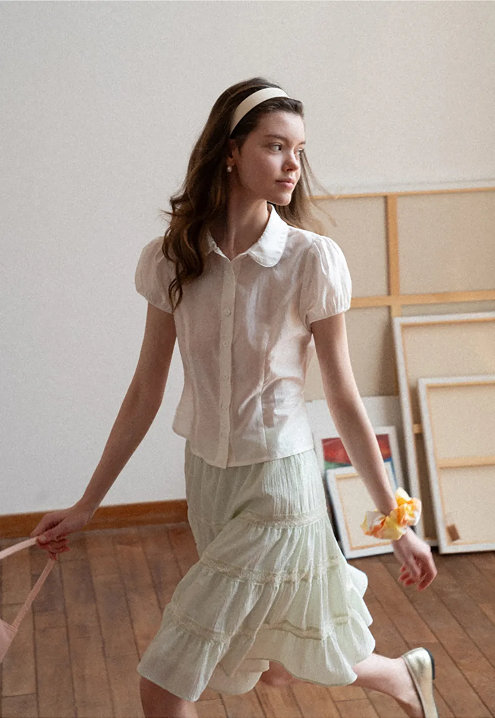 Short Sleeve Button Up Shirt with Collar and Puffed Sleeves