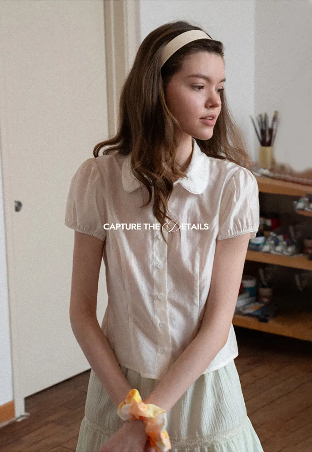 Short Sleeve Button Up Shirt with Collar and Puffed Sleeves