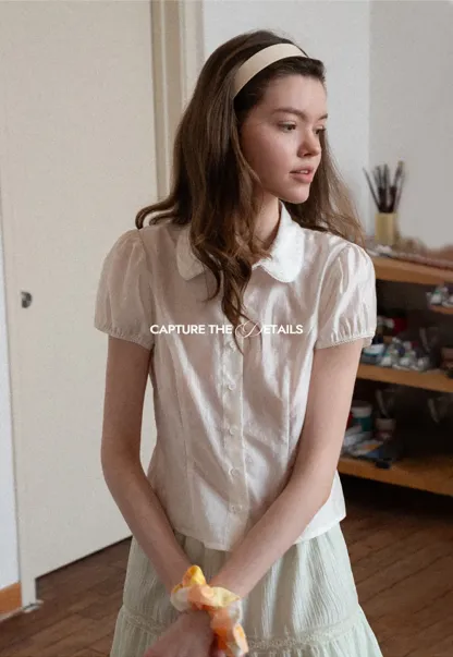 Short Sleeve Button Up Shirt with Collar and Puffed Sleeves