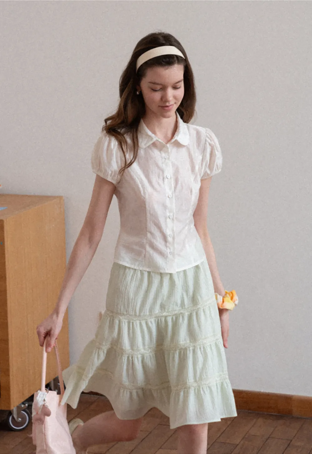 Short Sleeve Button Up Shirt with Collar and Puffed Sleeves