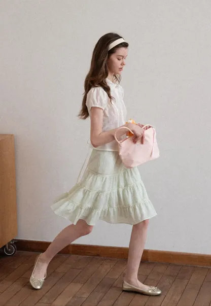 Short Sleeve Button Up Shirt with Collar and Puffed Sleeves