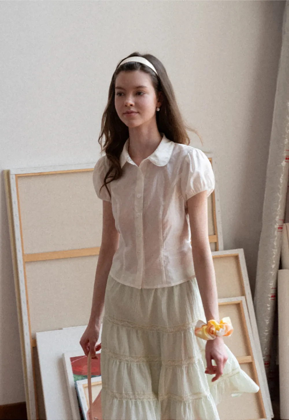 Short Sleeve Button Up Shirt with Collar and Puffed Sleeves